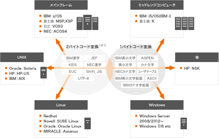 〈2バイトコード変換(※1):IBM漢字、JEF、KEIS、NEC漢字、EUC、Shift_JIS、UTF-8〉メインフレーム→IBM:z/OS、富士通:MSP,XSP、日立:VOS3、NEC:ACOS4 UNIX→Oracle:Solaris、HP:HP-UX、IBM:AIX Linux→Redhat、Novell:SUSE Linux、Oracle:Oracle Linux、MIRACLE:Asianux 〈1バイトコード変換:IBM英小文字、ASPEN、英小文字、カナ文字、NECカナ文字、ユーザテーブル、IBM英小文字拡張、ASCII、IBMカナ文字拡張〉ミッドレンジコンピュータ→IBM:i5/OS(IBM i)、富士通:K 他→HP:NSK Windows→Windows Server 2008/2012~、Windows 7/8 etc